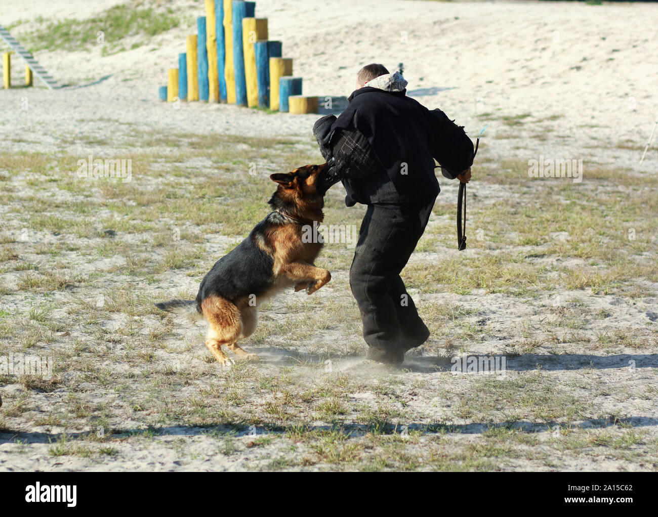 Dog trainer in k9 bite tuta in azione. Corso di formazione sul campo giochi per un pastore tedesco cane. Foto Stock