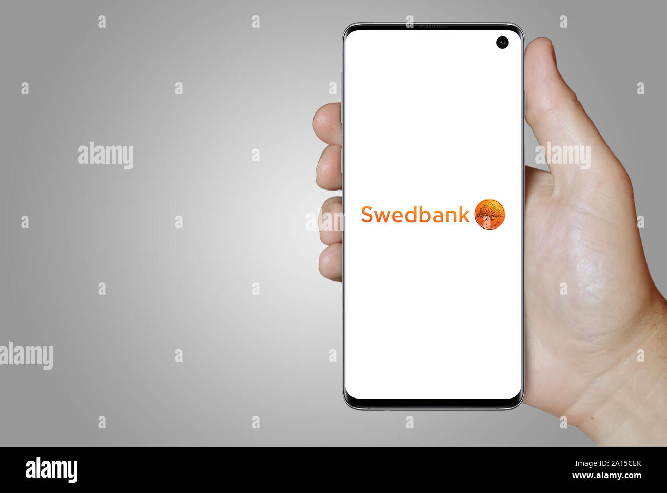 Un uomo possiede uno smartphone visualizzando il logo della società Swedbank elencati su OMX di Stoccolma. Sfumatura grigia in background. Credito: PIXDUCE Foto Stock