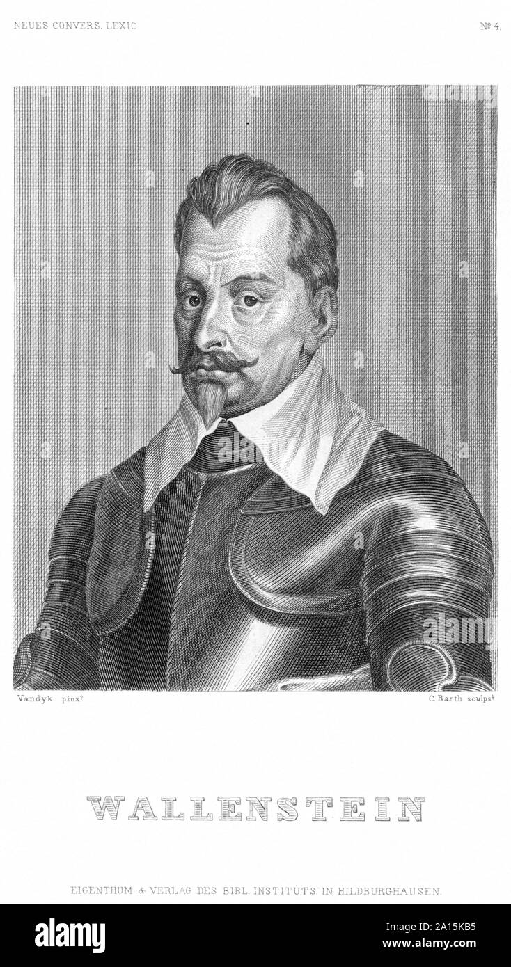 Europa, Tschechien, Hermanice, Hermanitz an der Elbe, Böhmen, Wallenstein, Albrecht von Waldstein, böhmischer Feldherr, Stahlstich , Verlag des Bibl. Instituts in Hildburghausen, 1850er Jahre / Europa, Repubblica Ceca, Hermanice, Boemia, Wallenstein, Albrecht von Waldstein, bohemien leader militare, acciaio incisione, pubblicato da Bibl. Institut in Hildburghausen, intorno 1850th anni . Foto Stock