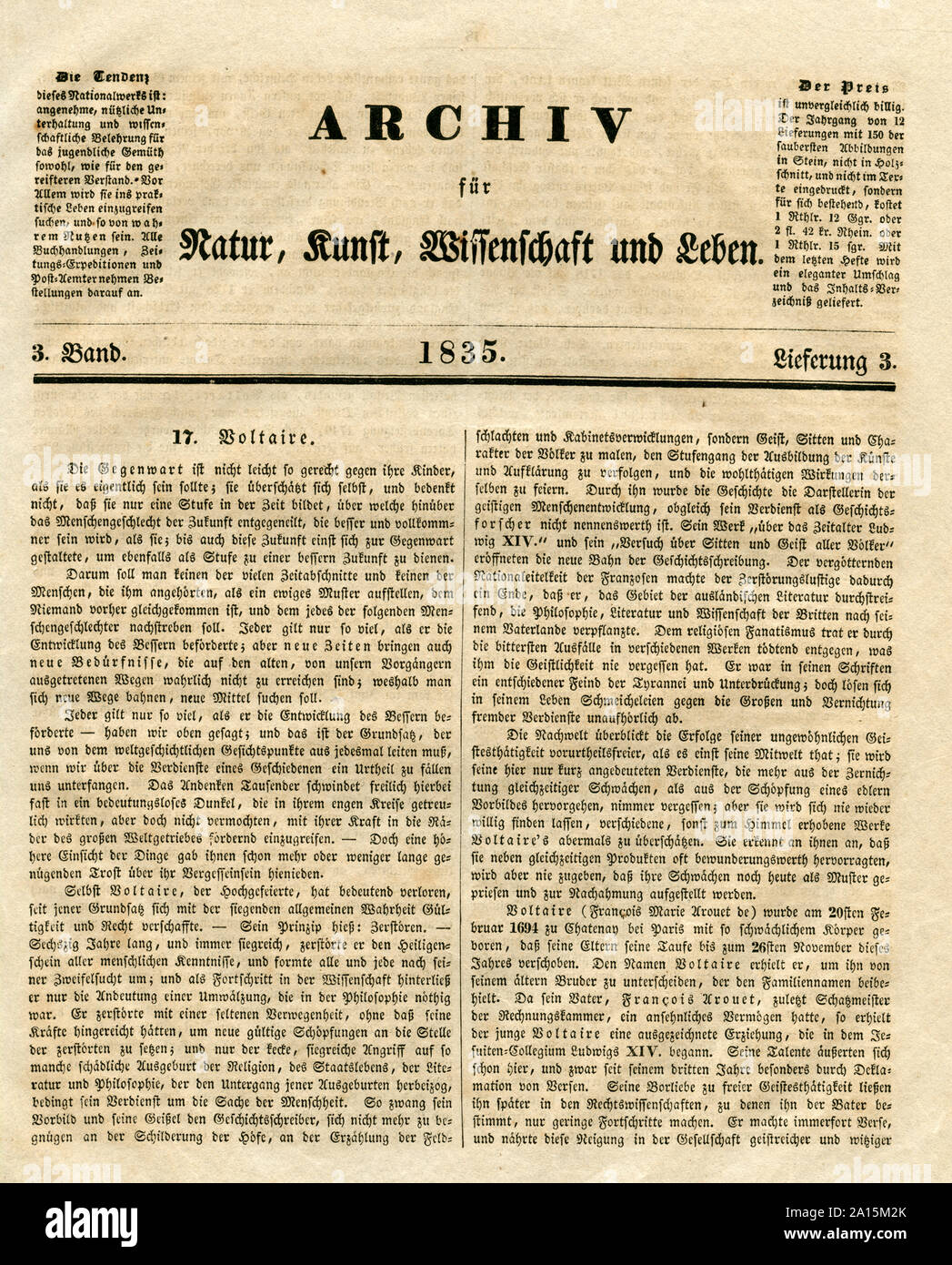 Europa, Frankreich, Parigi, Voltaire, französischer Schriftsteller und Philosoph, biografie aus der Zeitschrift ' Archiv für Natur, Kunst, Wissenschaft und Leben ', 3. Band, Lieferung 3, 1835, Seite 1 von 4 . / Europa, Francia, Parigi, Voltaire, scrittore e filosofo, biografia dal giornale ' Archiv für Natur, Kunst, Wissenschaft und Leben ' ( archivi per natura, arte, scienza e vita ) , volume 3, consegna 3, 1835, pagina 1 di 4 . Foto Stock