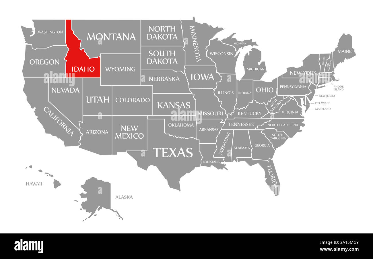 Idaho evidenziata in rosso nella mappa degli Stati Uniti d'America Foto Stock