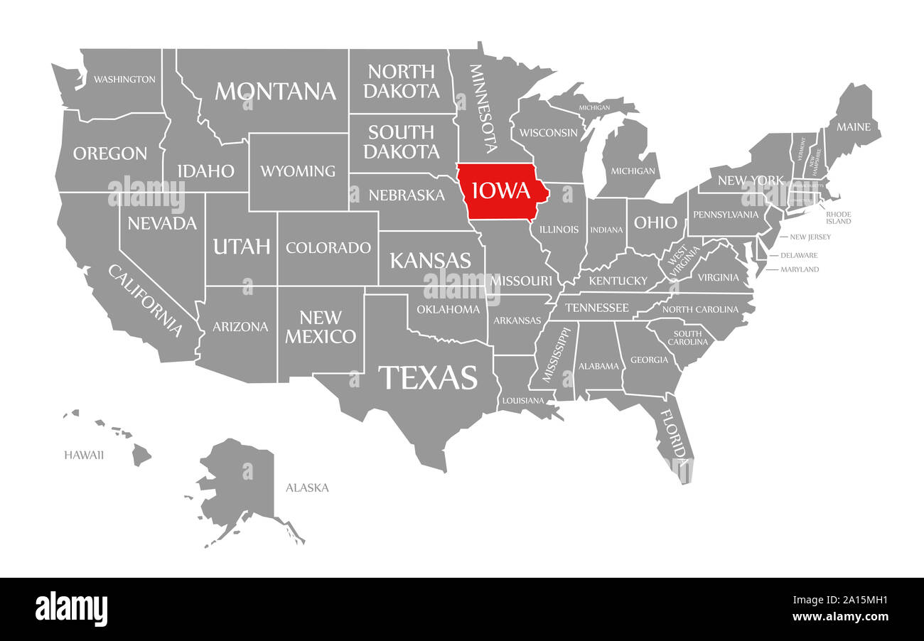 Iowa evidenziata in rosso nella mappa degli Stati Uniti d'America Foto Stock