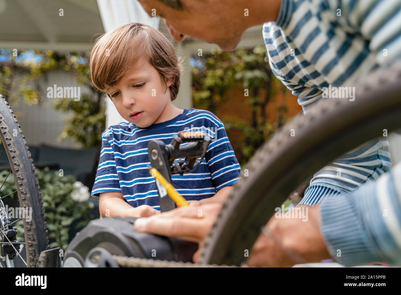 Padre e figlio di riparazione di una bicicletta in giardino Foto Stock