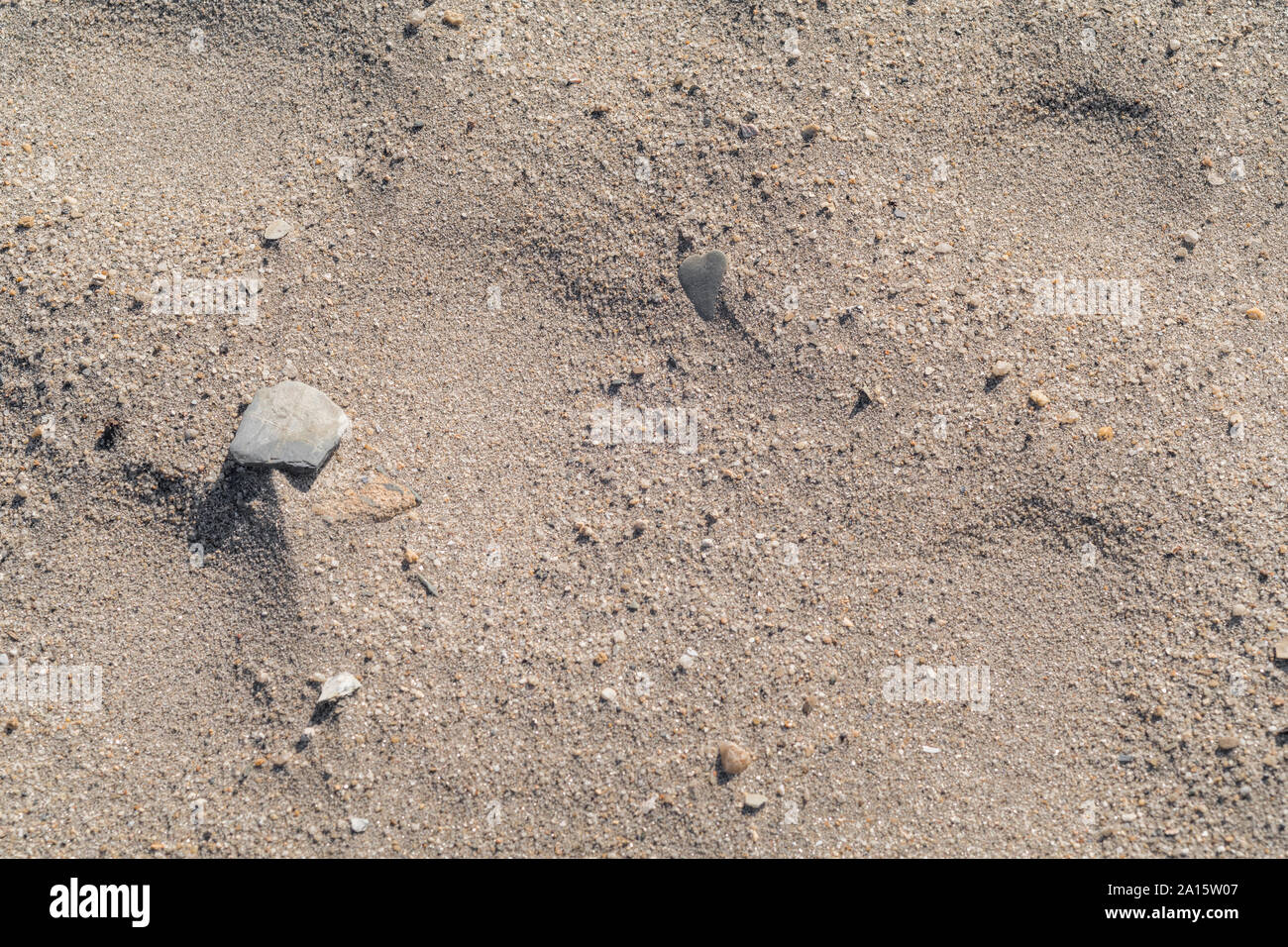 Piccole pietre e ciottoli esposte dalla azione del vento sulla spiaggia granulosa sabbia. Foto Stock