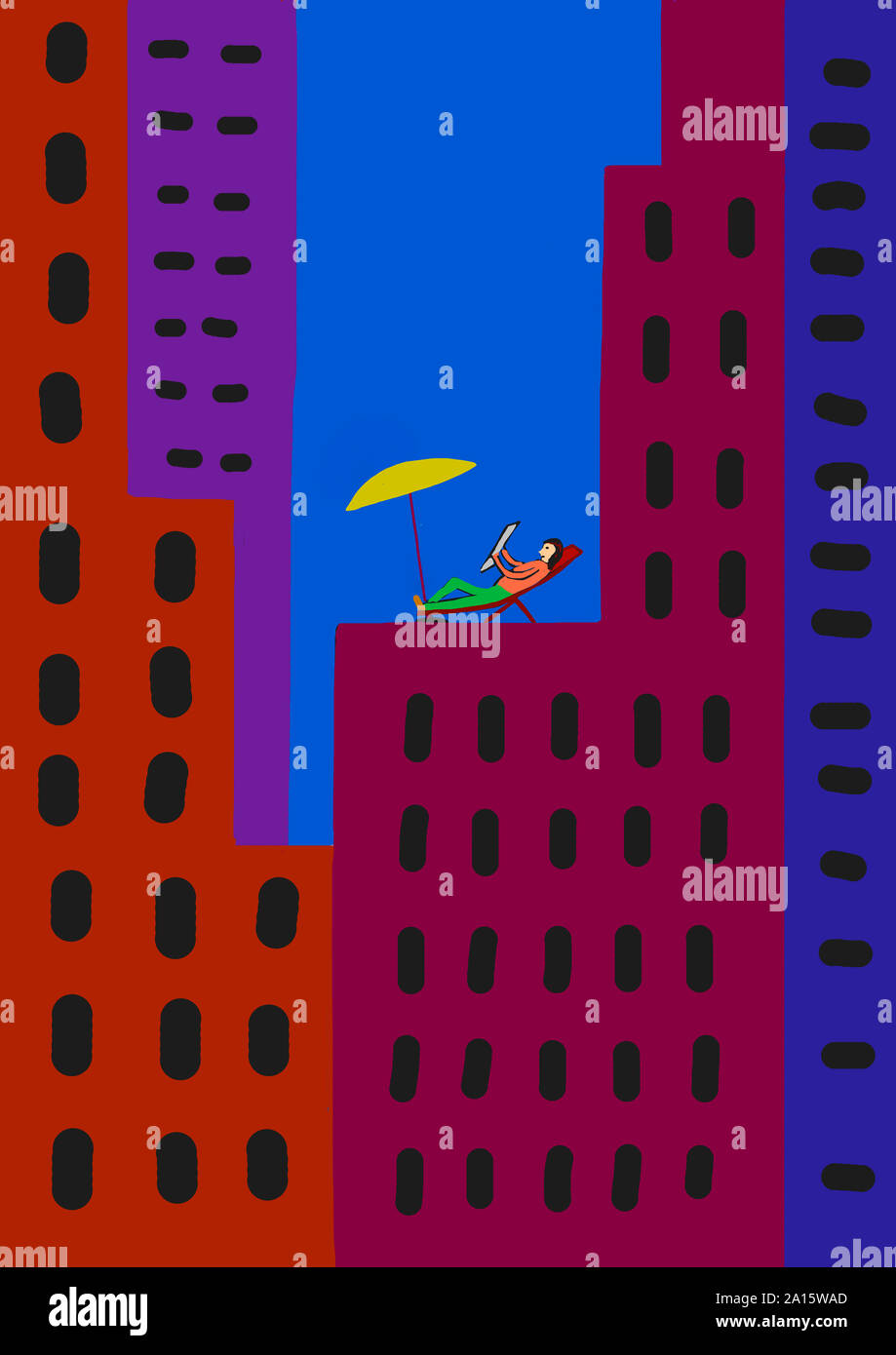 Bambino il disegno della persona rilassati sulle sdraio nel mezzo di grattacieli colorati in città Foto Stock