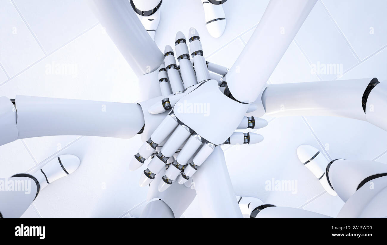 Per il rendering dei tre robot mani di impilamento, close-up Foto Stock