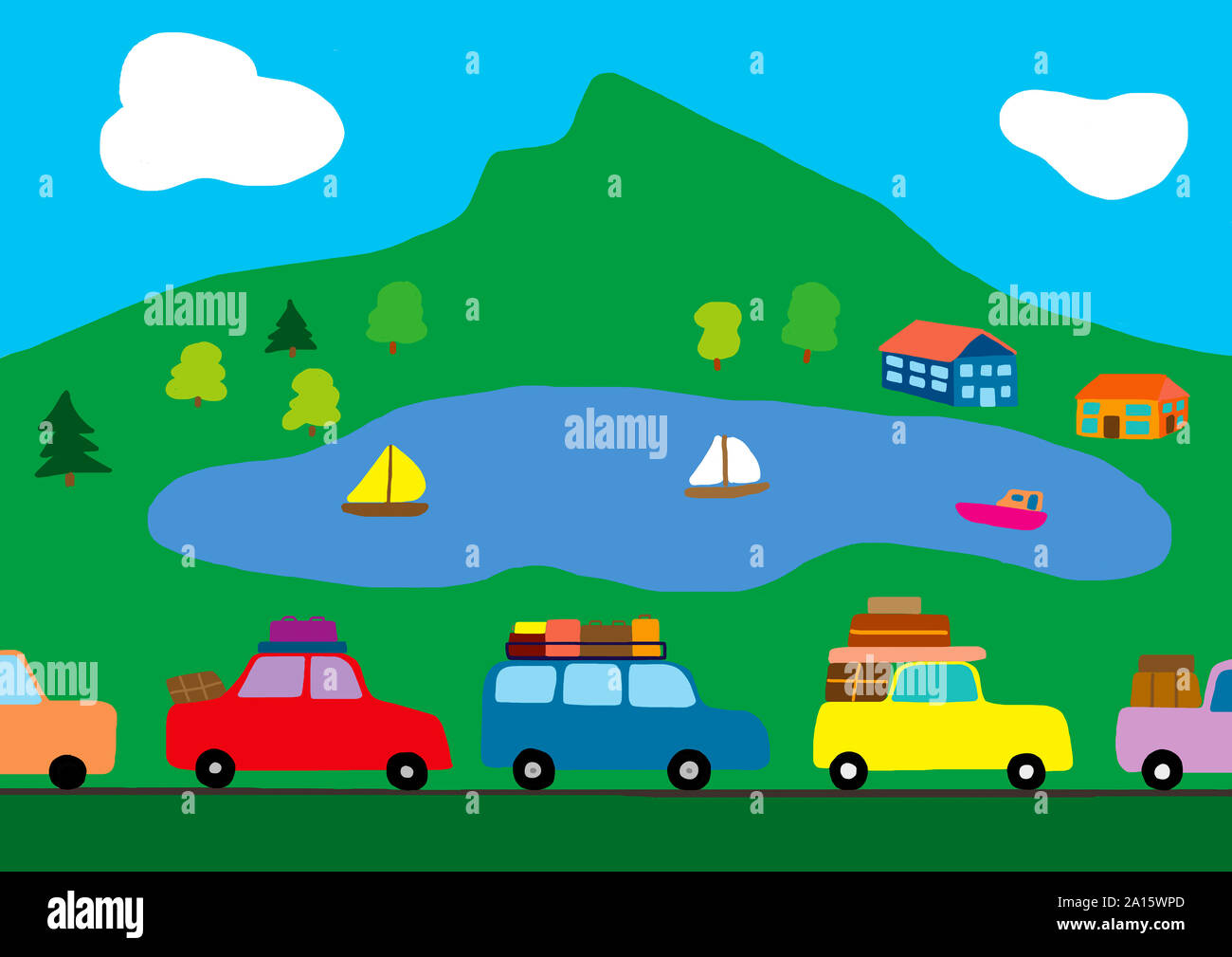 Per bambini disegno di vetture in un ingorgo sul modo per vacanze Foto Stock