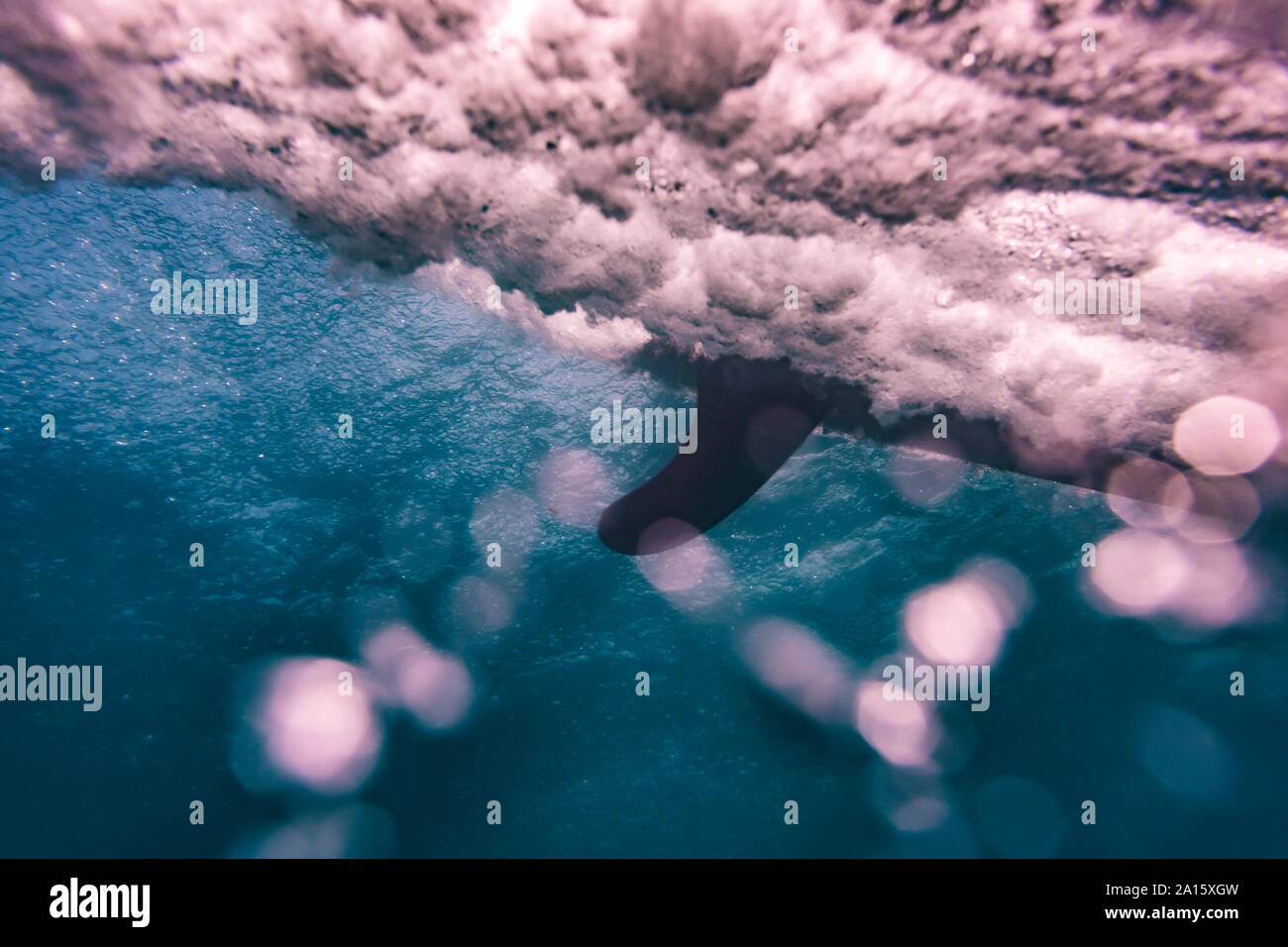 Onda e tavola da surf, ripresa subacquea Foto Stock