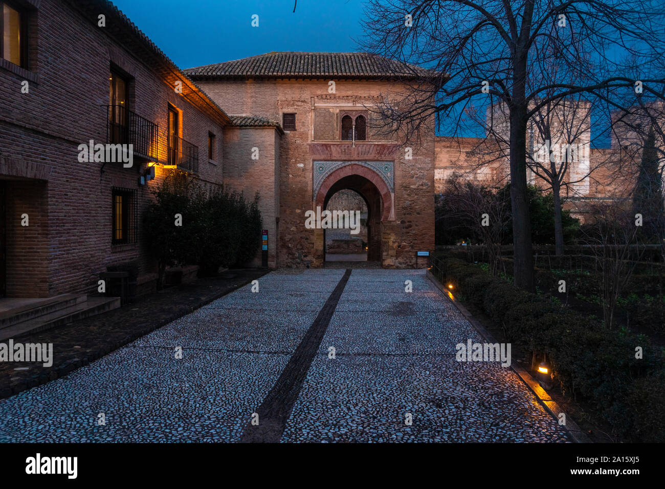 Entrata di Alhambra di sunrise, Granada, Spagna Foto Stock