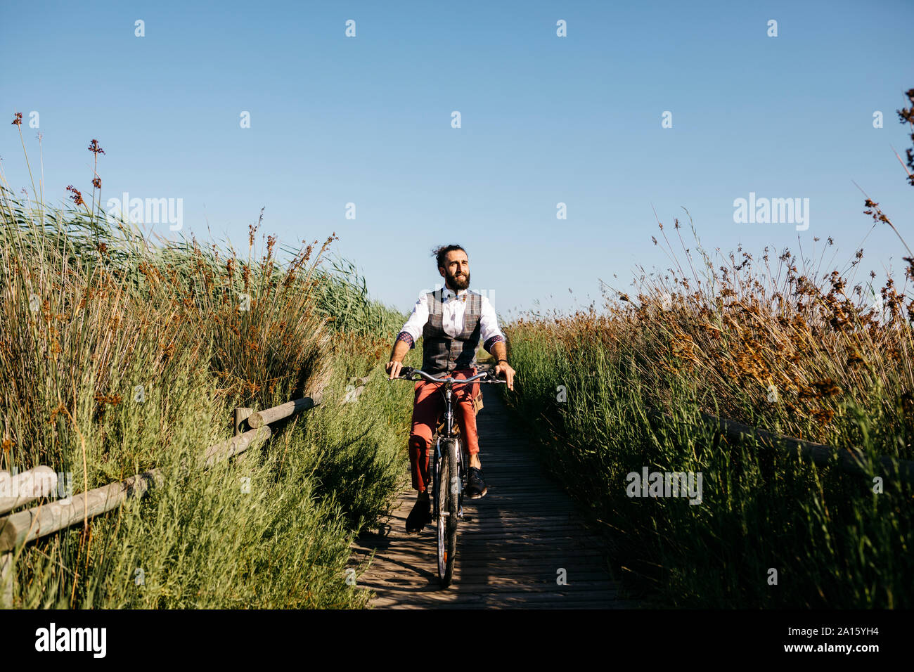 Ben vestito uomo con la sua bicicletta su una passerella di legno in campagna dopo il lavoro Foto Stock