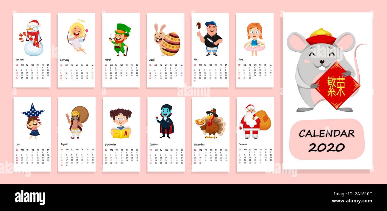 Calendario anno 2020 con divertenti personaggi dei cartoni animati. Felice  Anno Nuovo di ratto. Illustrazione Vettoriale. Lettering traduce come la  prosperità Immagine e Vettoriale - Alamy