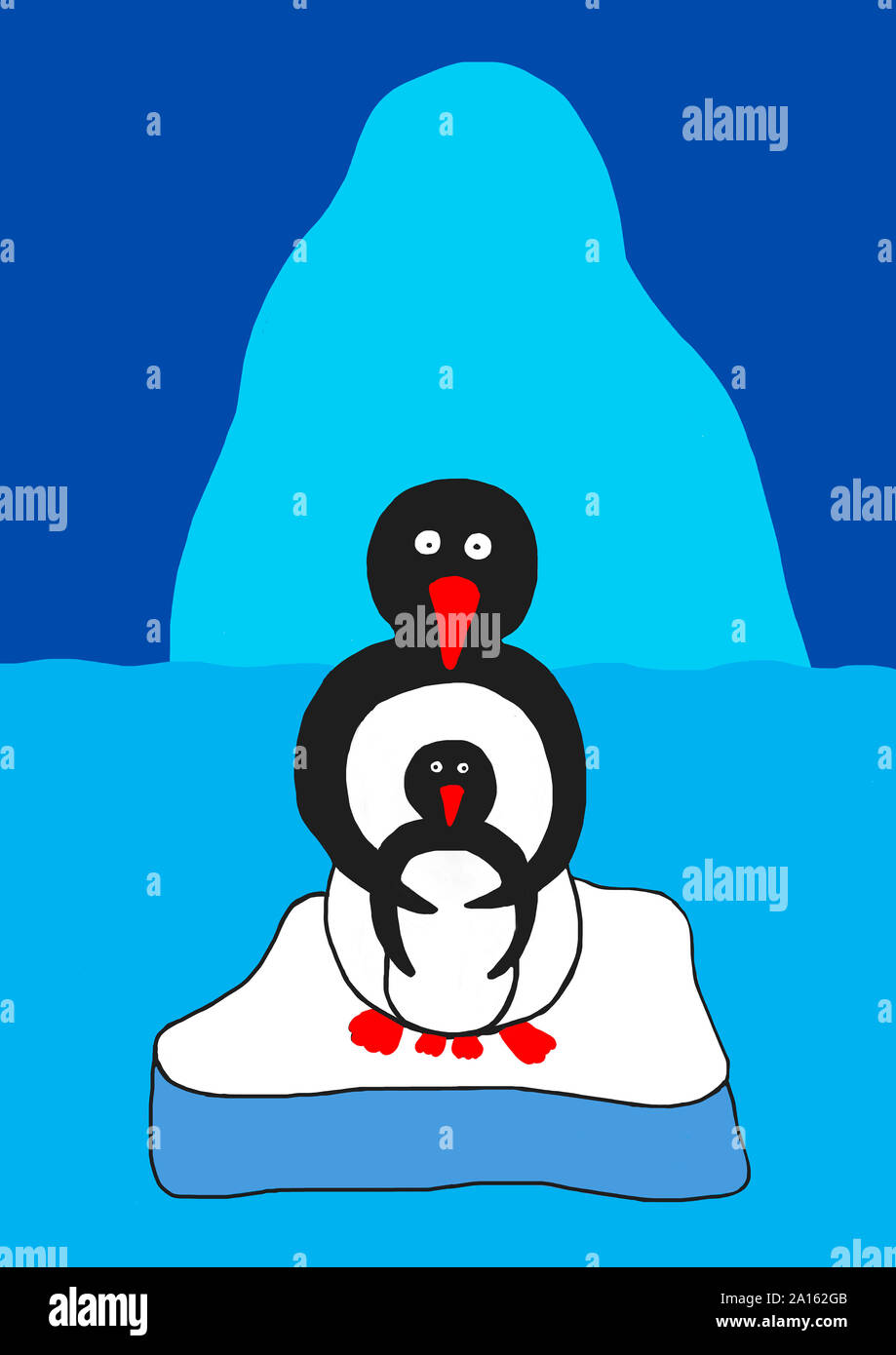 Bambino di disegno per adulti e giovani penguin su ghiaccio floe in mare Foto Stock