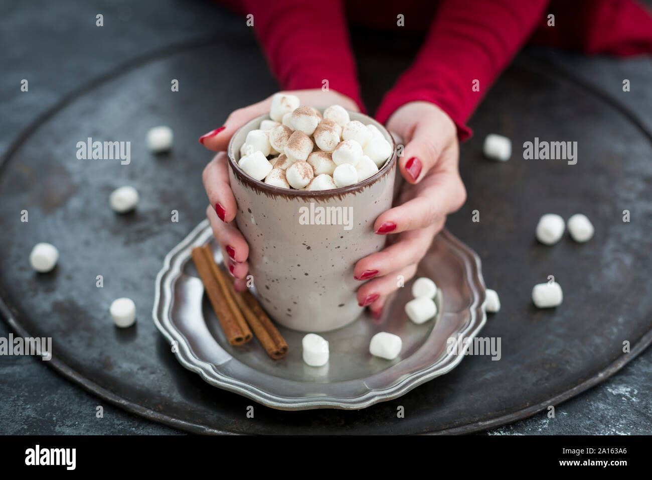 Donna di mani tazza di cioccolata calda con marshmellows Foto Stock