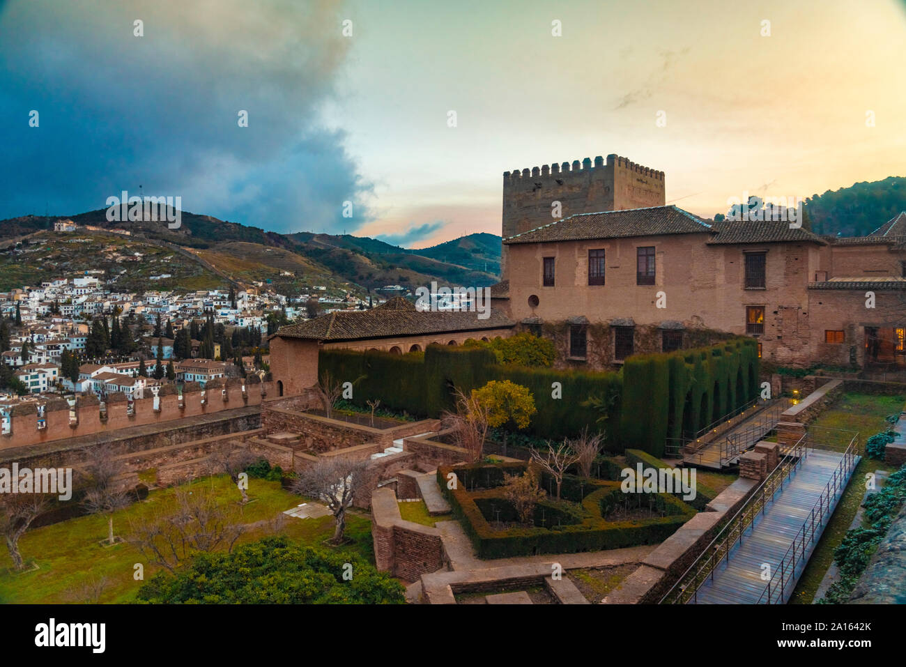 Entrata di Alhambra di sunrise, Granada, Spagna Foto Stock