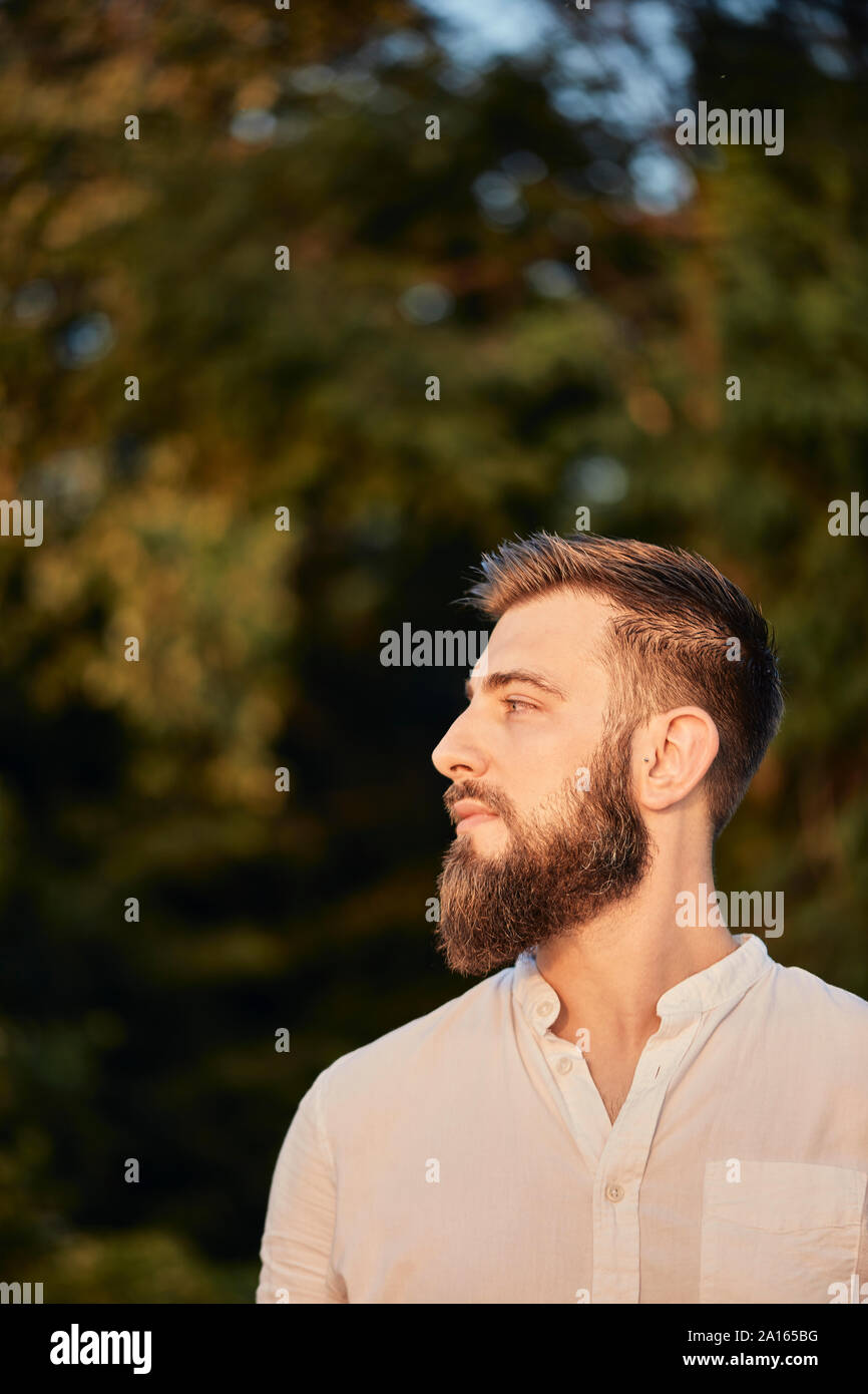 Ritratto di un uomo con la barba guardando lateralmente Foto Stock