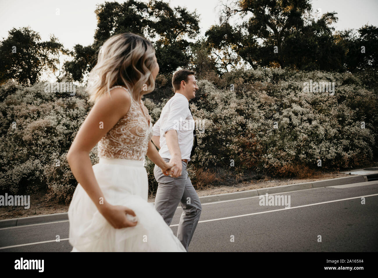 Sposa e lo sposo camminando mano nella mano su una strada di campagna Foto Stock