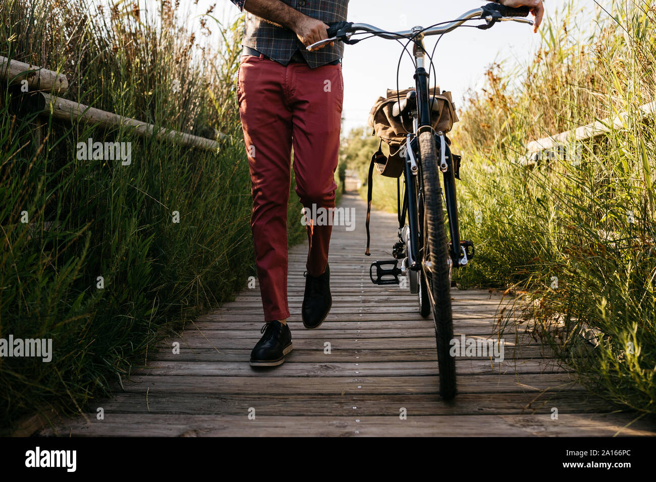 Ben vestito uomo a camminare con la sua bicicletta su una passerella di legno in campagna dopo il lavoro Foto Stock