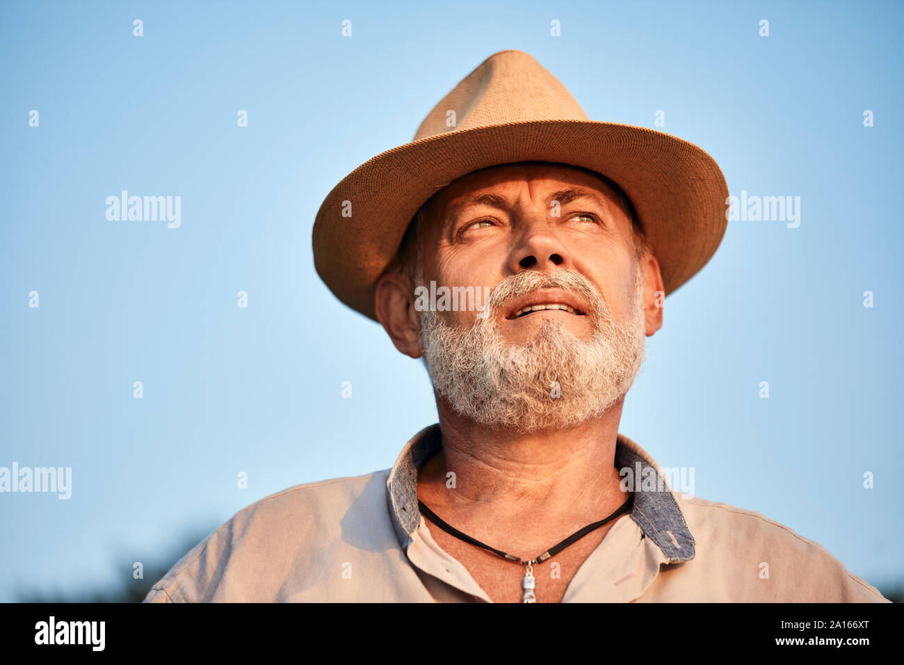 Ritratto di un pensieroso senior uomo che indossa estate hat all'aperto Foto Stock