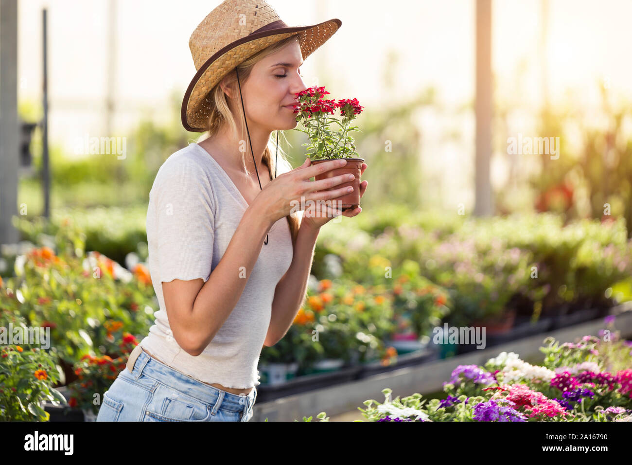 Bella giovane donna maleodoranti in fiore in serra Foto Stock
