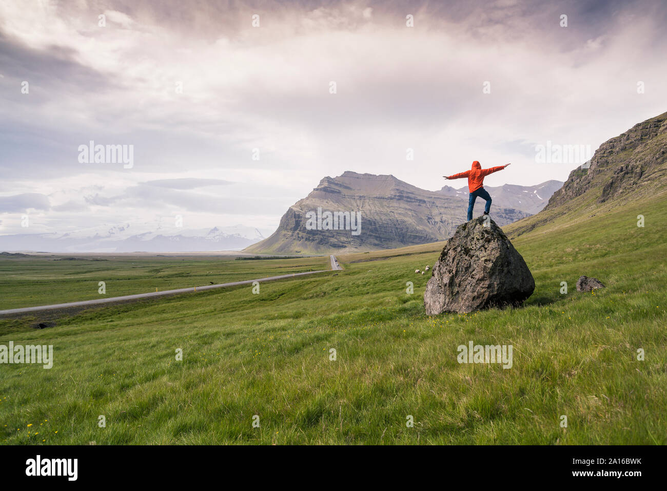 Uomo in piedi sulla roccia in gthe Regione meridionale Islanda Foto Stock