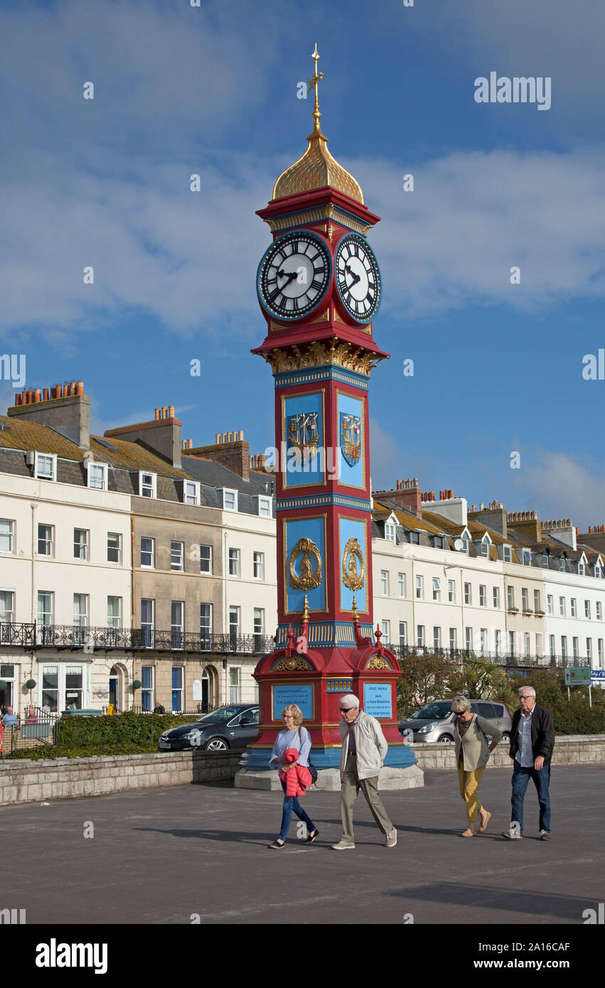 Giubileo Clock Tower, free-standing torre dell'Orologio, Lungomare, Weymouth Dorset, Inghilterra Foto Stock
