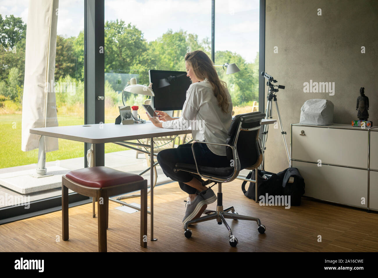 Imprenditrice lavorare alla scrivania a casa Foto Stock