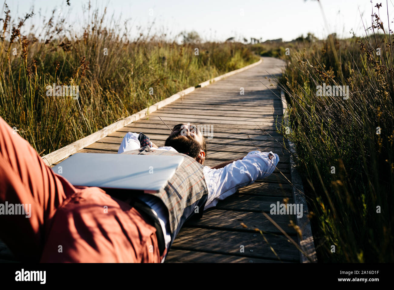 Ben vestito uomo con notebook giacente su una passerella di legno in campagna Foto Stock