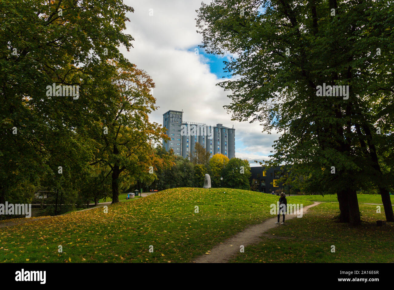 Oslo parco pubblico scenario in autunno. Colpo lungo. Foto Stock