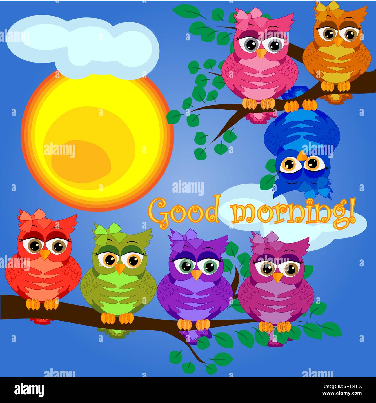 Un Gufo Assonnato Su Un Ramo Di Albero In Mattinata Il Sole Splende E Sorrisi Iscrizione Buongiorno Mattina La Prima Colazione Immagine E Vettoriale Alamy