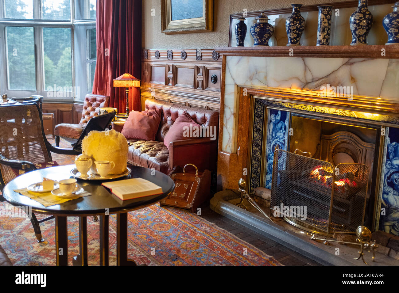 Caminetto nel salotto di casa Cragside, Northumberland, Regno Unito Foto Stock