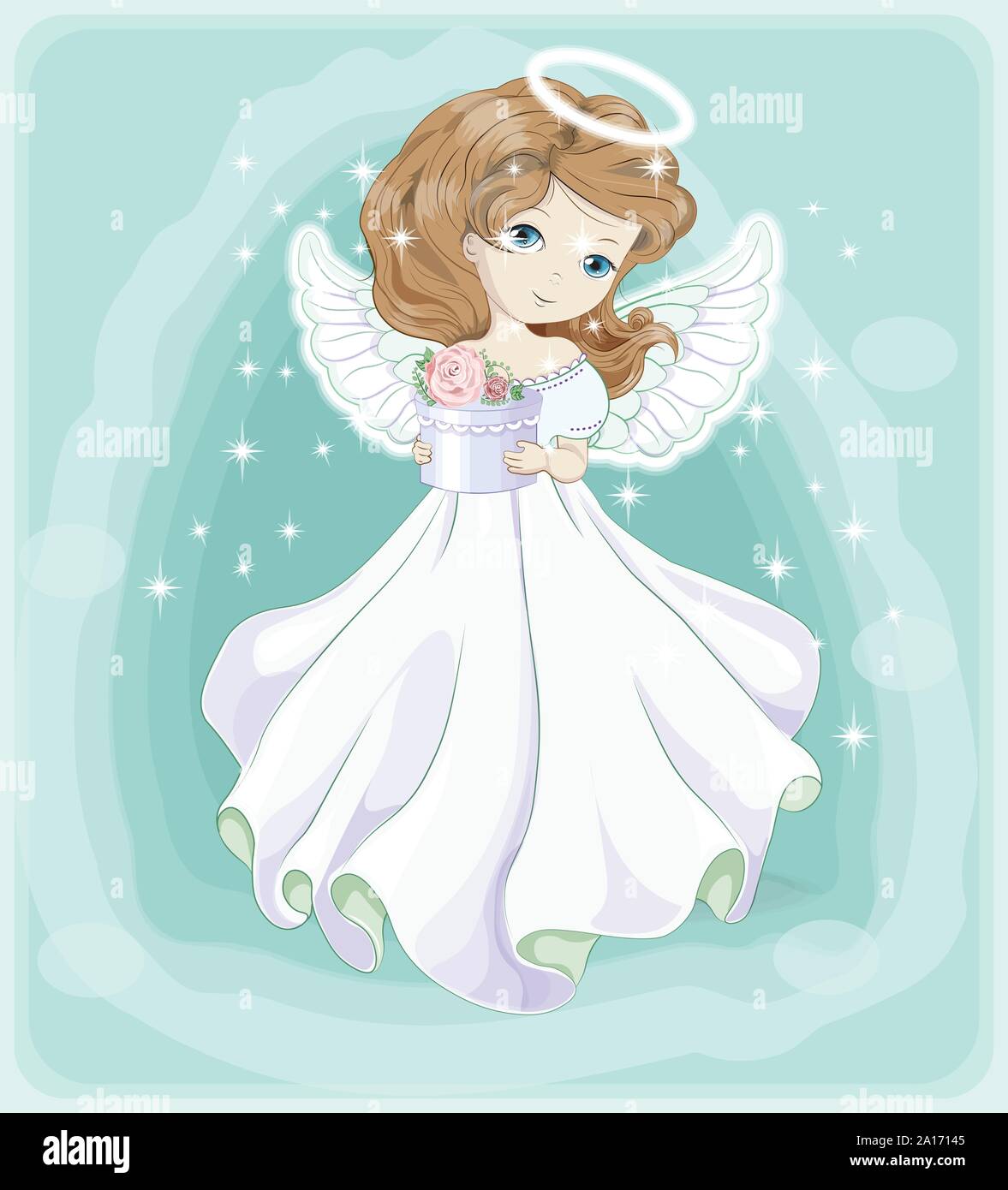 Bella e affascinante piccola principessa, Christmas Angel, in abito bianco con dono. La foto in mano lo stile di disegno, vacanza e biglietto di auguri. Illustrazione Vettoriale