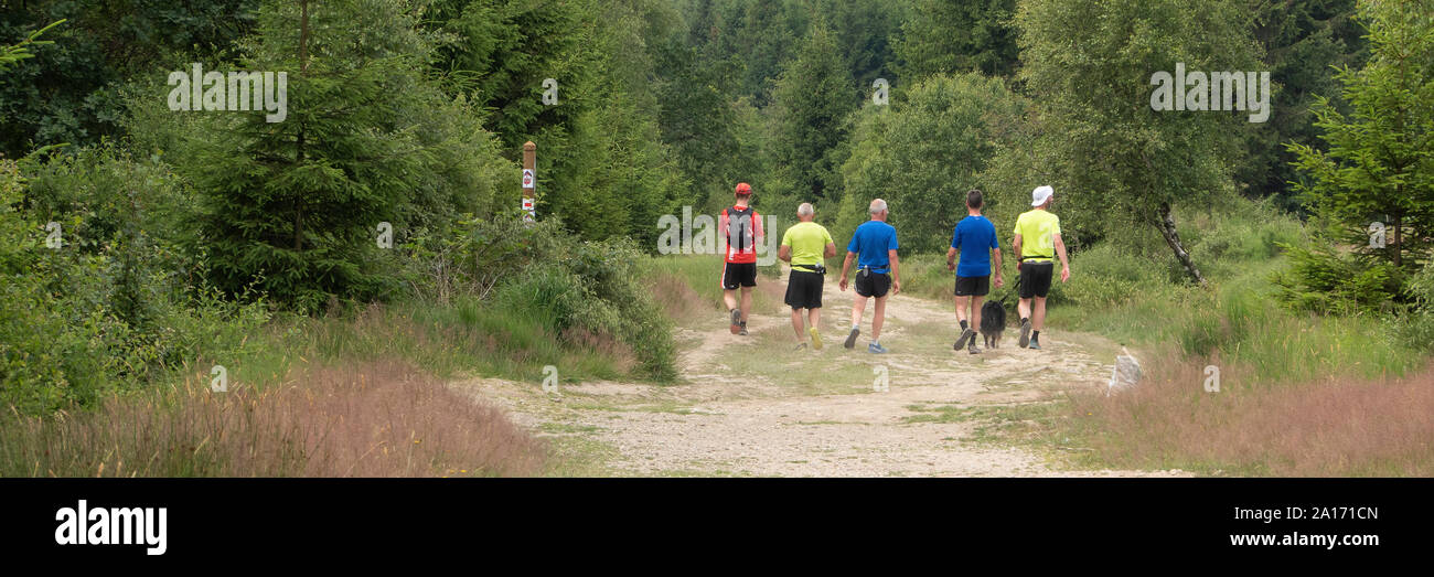 Belgio ,Hohes Venn, 07-07-2019, un gruppo di turisti di passaggio un cartello om un sentiero escursionistico in German-Belgian Mational Park Hohes Venn (Hautes Fagne Foto Stock