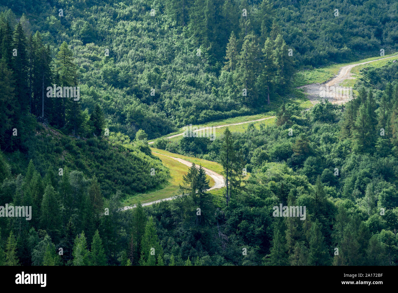 Non asfaltata ghiaia mountain ski area servizio torsione su strada forestale verso il basso il lato montagna in estate a Chamonix Francia Foto Stock