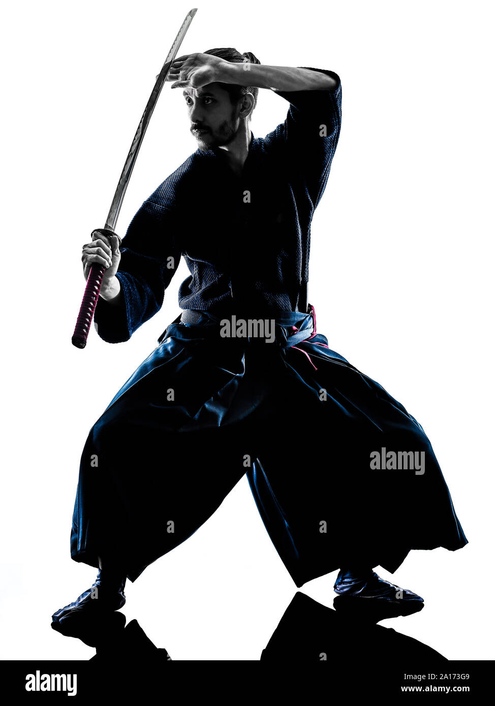 Un uomo caucasico praticando laido Katori Shinto ryu isolato ombra silhouette sullo sfondo bianco Foto Stock