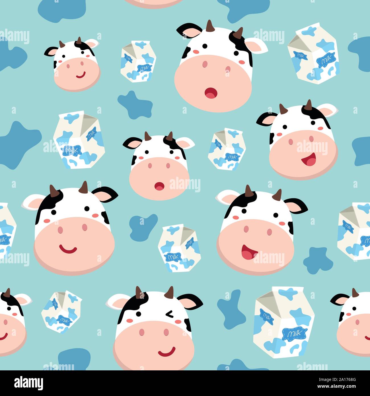 Modello senza giunture di mucca e di pianura cartone di latte macchiato su sfondo blu Illustrazione Vettoriale