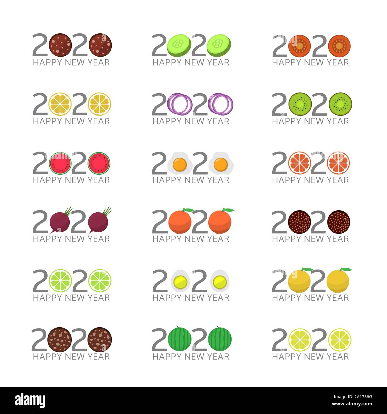 2020 Felice Anno Nuovo icona alimentare Illustrazione Vettoriale