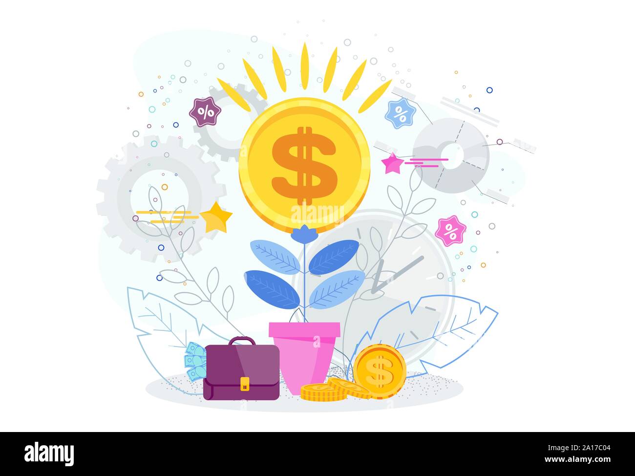 La crescita finanziaria la concezione di business. Dollari in un vaso di fiori. Illustrazione Vettoriale