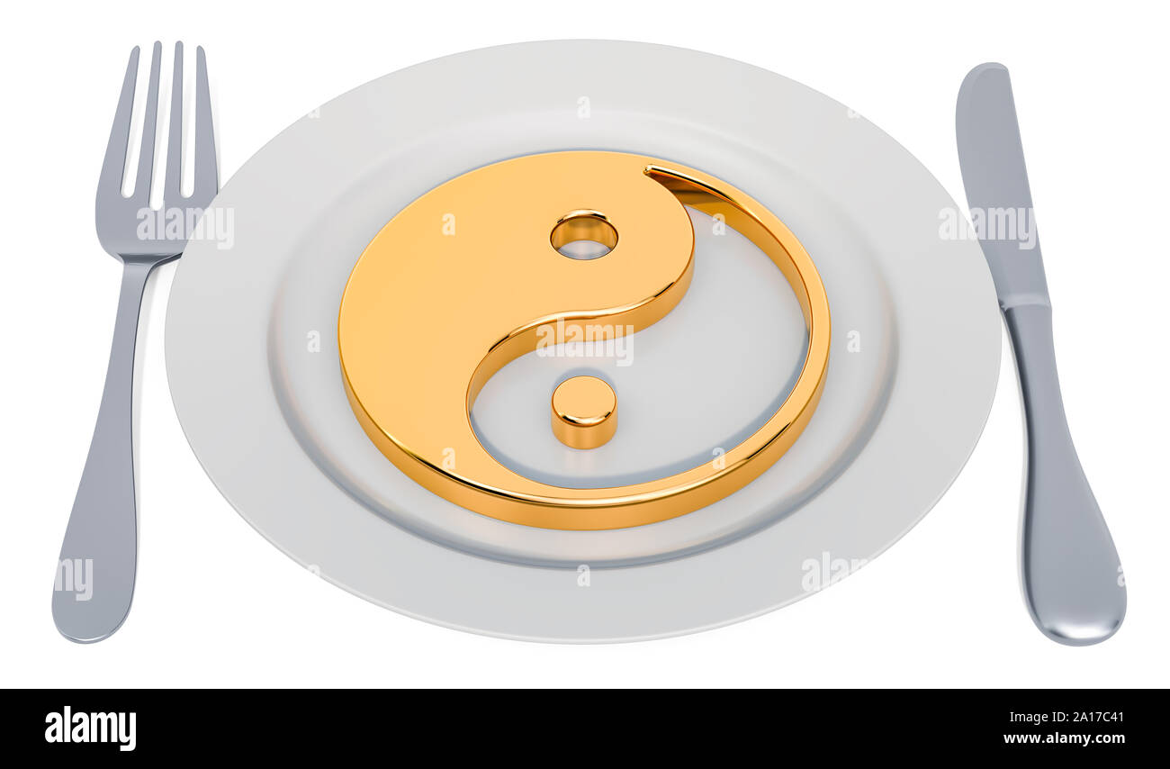 Dieta taoista concetto. Piastra con yin e yang. 3D rendering isolati su sfondo bianco Foto Stock