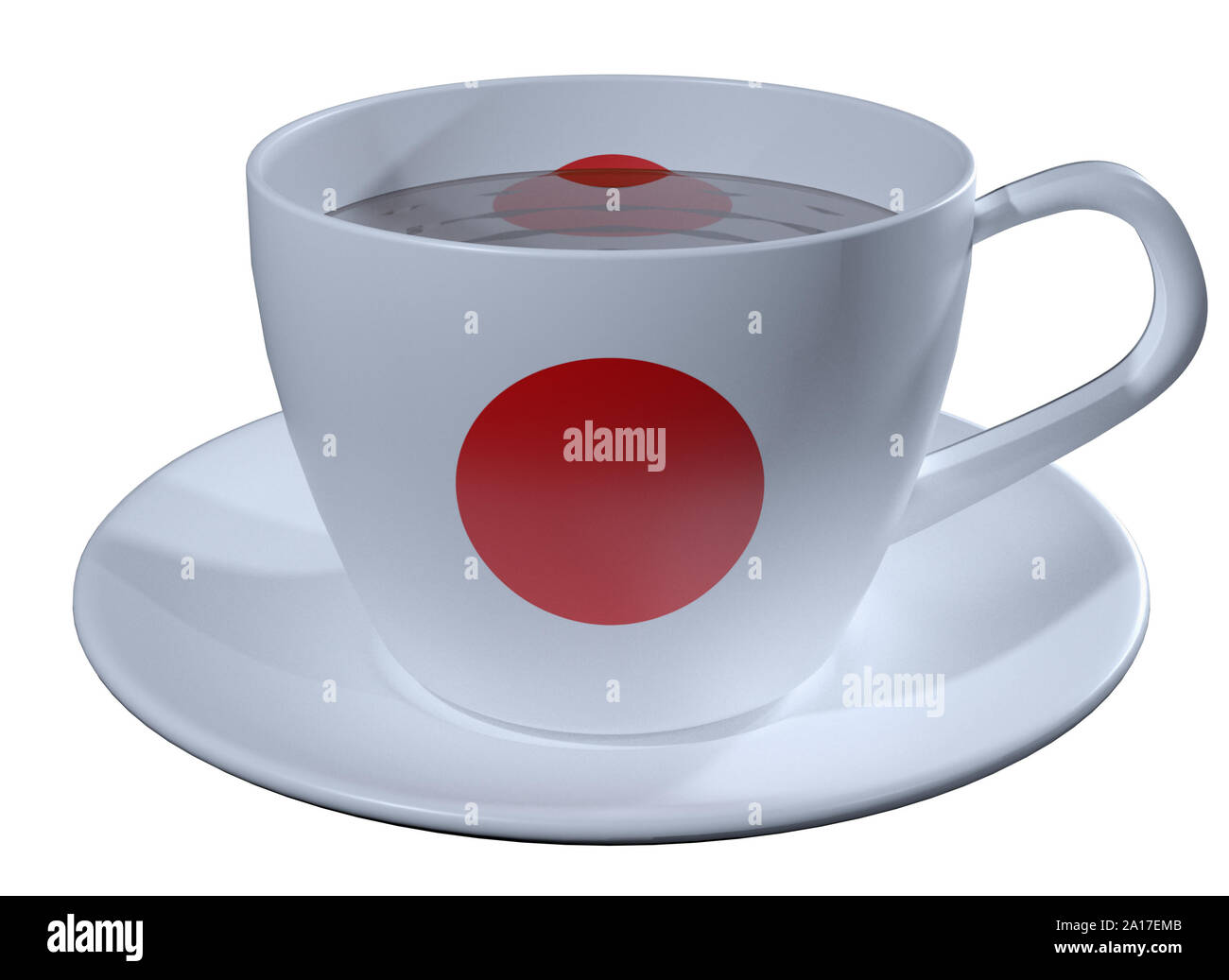 Tazza da caffè con piattino, la quale è applicata all'immagine della bandiera del Giappone. Isolato su sfondo bianco. Il file comprende un percorso per la maschera veloce formatio Foto Stock