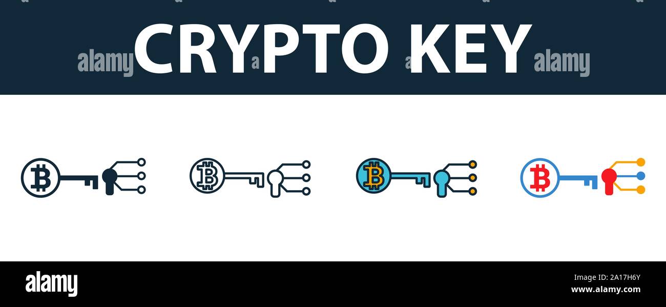 Crypto Key icona set. Simbolo di Premium in stili diversi dalla tecnologia di fintech raccolta di icone. Creative crypto key icona riempito, contorno, colorati Illustrazione Vettoriale