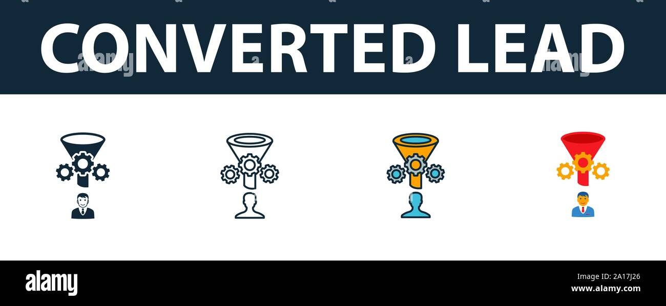 Lead convertiti icon set. Simbolo di Premium in diversi stili dal crm raccolta di icone. Creative lead convertiti riempita icon, contorno, colorata e piatto Illustrazione Vettoriale