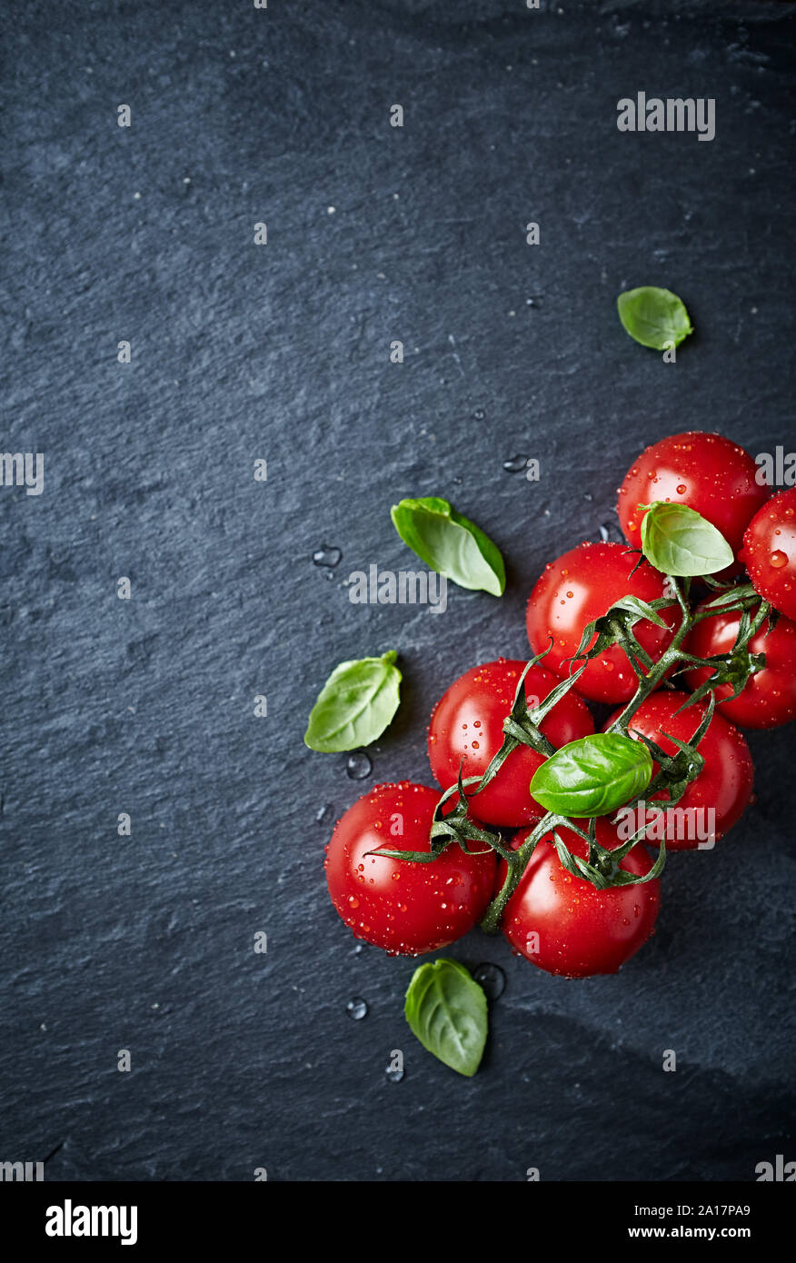 Pomodori ciliegia sulla vite con foglie di basilico sulla pietra nera dello sfondo. Concetto di alimentazione sana. Immagine simbolica. Vista dall'alto. Copia dello spazio. Foto Stock