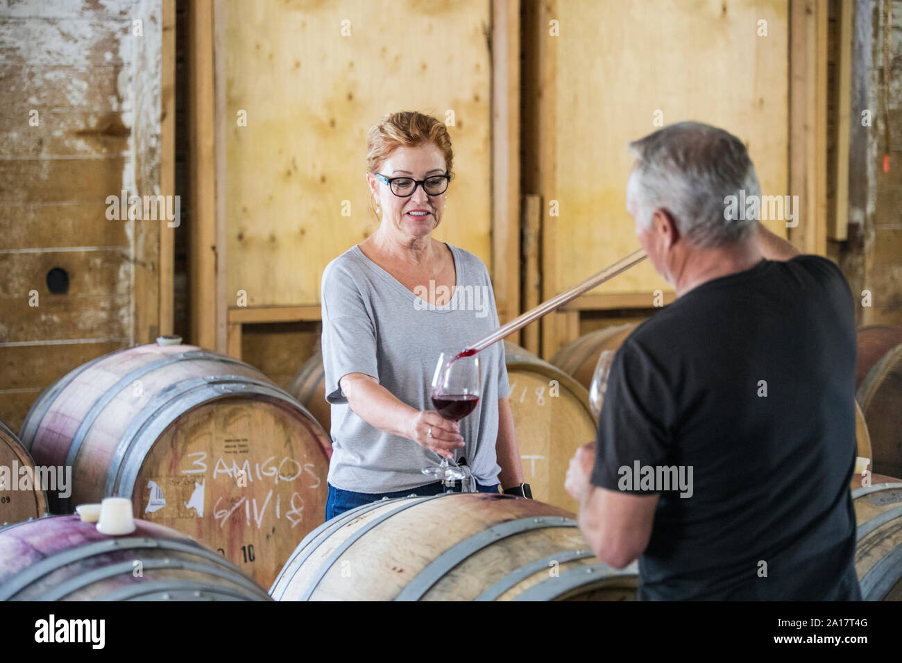 Sommelier utilizza una pipetta versare il vino durante un tour del vino. Foto Stock