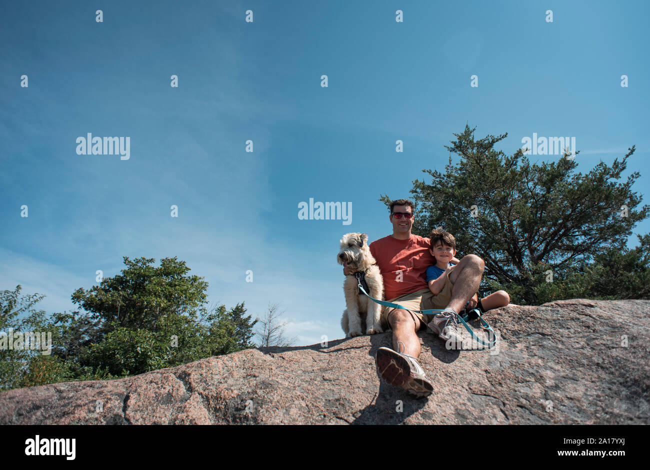 Padre e Figlio e dog sitter su una grande parete rocciosa su un giorno d'estate. Foto Stock