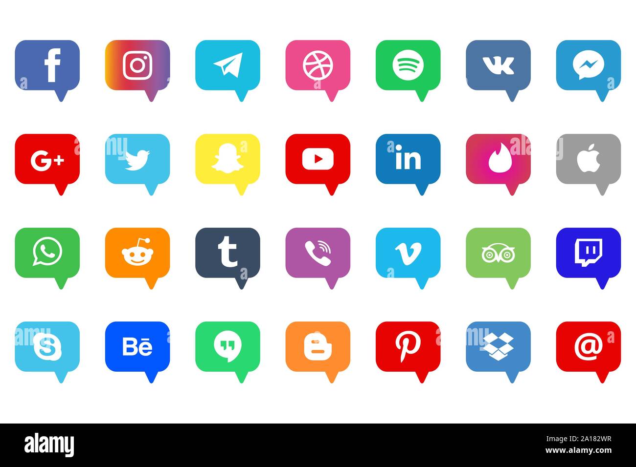 Facebook, Twitter instagram, youtube snapchat, pinterest, whatsap, vk, viber, Google, Skype Social media set di icone di raccolta del popolare social medi Illustrazione Vettoriale