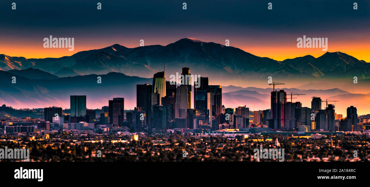 Los Angeles skyline tramonto spettacolare Foto Stock