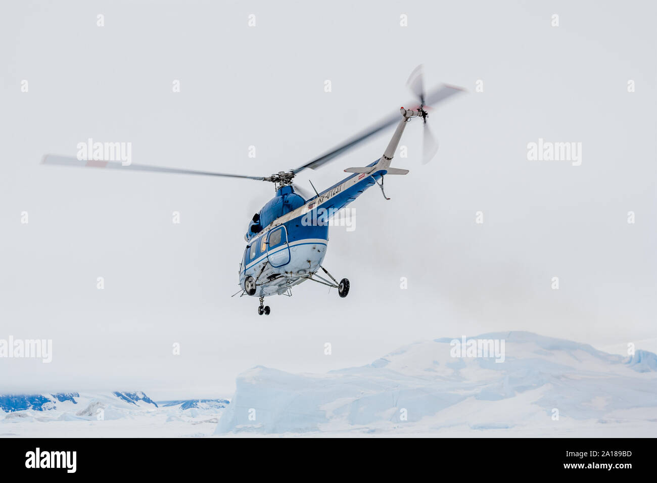 Spedizione elicottero volando turisti in Snow Hill, Antartide Foto Stock