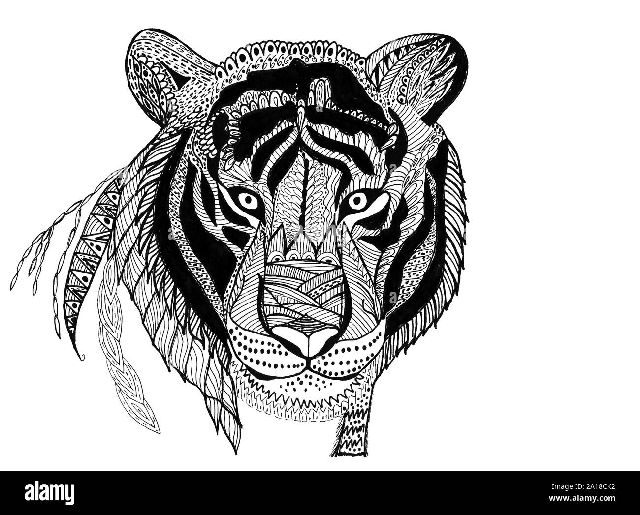 Tiger dipinto di penna in zentangle technic. Illustrazione fatta a mano con sottoprodotti di origine animale Foto Stock