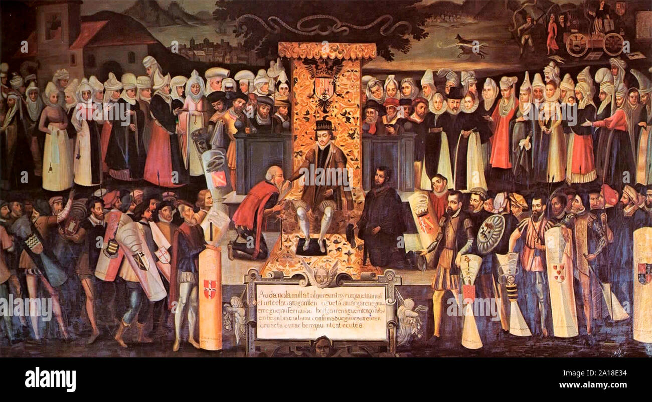 Ferdinando il Cattolico giuramento i fueros di Guascogna come loro Signore a Guernica in 1476 Foto Stock