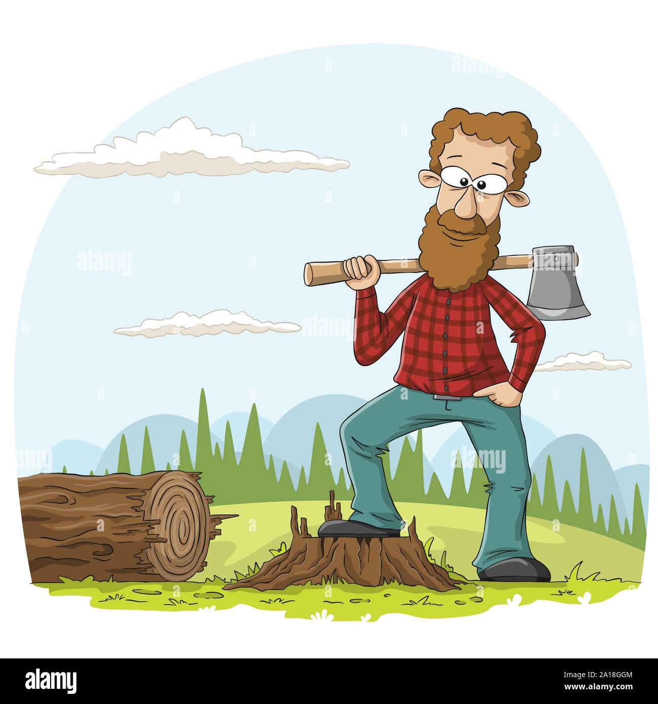 Lumberjack con ax. Disegnata a mano illustrazione vettoriale con strati separati. Illustrazione Vettoriale